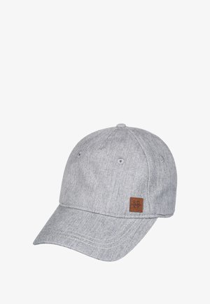 Gray cotton cap with a curved brim, textured surface, eyelet vents, and a brown leather logo patch on the front.