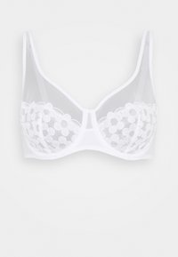 Weißer BH mit Unterdraht, der transparente Mesh-Schalen mit floralen Stickereien, verstellbaren Trägern und einem glatten Band bietet.