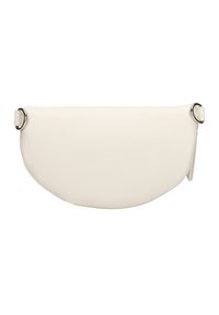 Biała skórzana torebka o zaokrąglonym kształcie, z srebrnymi elementami i fakturowanym wykończeniem. Zawiera boczny pasek o minimalistycznym designie.