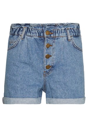 Σορτς από τζιν σε ανοιχτό μπλε χρώμα, με ελαστική μέση, πέντε κουμπιά στο κλείσιμο και τελείωμα με ραφή. Διαθέτει δύο μπροστινές τσέπες και ραφές.
