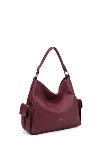 Borsa a mano in pelle bordeaux con finitura testurizzata, forma arrotondata, tracolla singola e tasche laterali per ulteriore spazio di archiviazione.