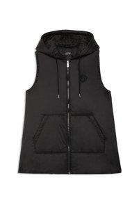 Svart puffig väst med huva, framdragkedja och två stora framfickor. Slät textur med logodetalj på bröstet.
