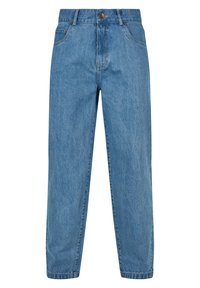 Vaaleansiniset farkut rentoa istuvuutta, joissa on viisi taskua ja napilla oleva suljenta, esiteltyinä valkoista taustaa vasten.