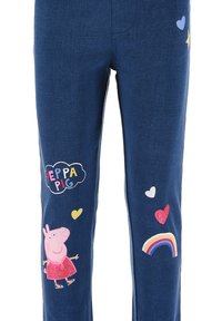 Marineblaue Hosen mit einer strukturierten Oberfläche. Zeigen ein Peppa Pig-Motiv, bunte Herzen und ein Regenbogenmuster auf der Vorderseite.