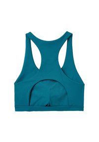 Sujetador deportivo en color verde azulado con textura acanalada, diseño de espalda nadadora y detalles de corte. El material es suave y elástico, optimizando la comodidad y el ajuste.