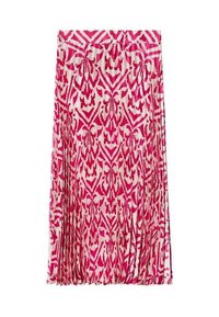 Jupe plissée rose et blanche avec un motif floral abstrait, dotée d'une texture lisse et d'une ceinture élastique pour un ajustement confortable.