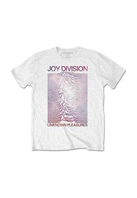 White cotton T-shirt featuring a graphic design with purple and red wave patterns and the text "JOY DIVISION" and "UNKNOWN PLEASURES".