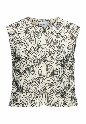 Gilet crème sans manches avec motif abstrait en spirale noire et lignes ondulées, col rond et boutons devant.