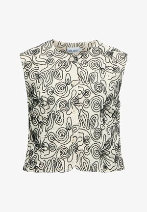Gilet crème sans manches avec motif abstrait en spirale noire et lignes ondulées, col rond et boutons devant.