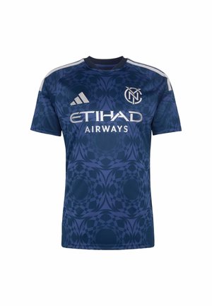 Navy blue soccer jersey with geometric pattern, white Adidas logo, NYCFC crest, and Etihad Airways sponsor text on front.