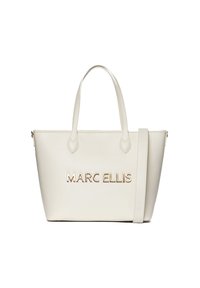 Crème-kleurige tote bag van soepel leer, met gouden "MARC ELLIS" branding, rechthoekige vorm en dubbele handvatten aan de bovenkant.