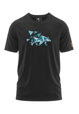 Zwarte T-shirt met korte mouwen met een geometrisch berenontwerp in lichtblauwe tinten. Gemaakt van zachte stof met een standaard pasvorm.