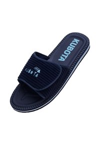 Chaussons bleu marine avec une tige en tissu texturé et une semelle intérieure rembourrée et à motif. Dotés d'une sangle Velcro et de marquages bleu clair.