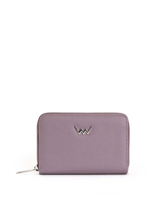 Purple leather wallet with a textured surface, zip closure, and silver logo accent on the front. Rectangular shape and compact design.