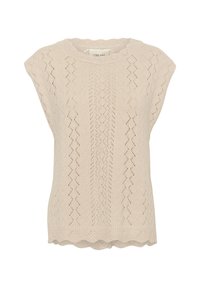 Haut en tricot beige clair avec un motif en dentelle, décolleté à volants et manches courtes. Texturé avec un design en losanges ajourés.