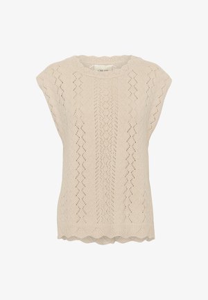 Helle beige gestrickte Bluse mit einem Spitzenmuster, gewelltem Ausschnitt und kurzen Puffärmeln. Strukturiert mit einem durchbrochenen Diamantdesign.