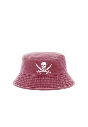 Red fabric bucket hat with a white skull and crossed swords emblem on the front.