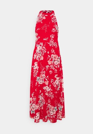 Robe maxi rouge sans manches à col haut avec imprimé floral rose et gris, cintrée à la taille et jupe fluide.