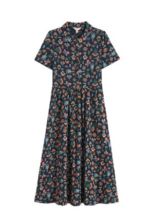 Marineblaues Kurzarm-Kleid mit Knopfleiste und Kragen, versehen mit einem mehrfarbigen Blumenmuster in Orange, Pink, Grün und Weiß.