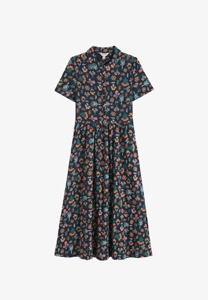 Marineblaues Kurzarm-Kleid mit Knopfleiste und Kragen, versehen mit einem mehrfarbigen Blumenmuster in Orange, Pink, Grün und Weiß.