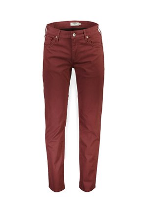 Vaqueros slim-fit burdeos con cinco bolsillos, cierre de botón metálico y textura sutil. Confeccionados en algodón para mayor comodidad y elasticidad.