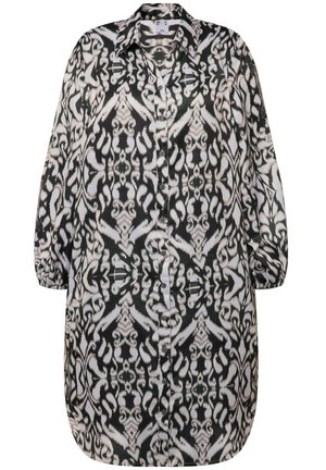 Robe chemise à manches longues en noir et blanc à motif, avec un col, une patte de boutonnage et des poignets élastiques. Tissu lisse avec une finition brillante.