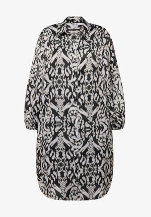 Sort-hvid mønsteret langærmet skjortekjole med krave, knaplukning og elastiske manchetter. Glat stof med en blank finish.