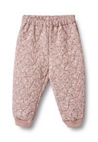 Quiltade rosa byxor med blommönster, elastisk midja och ribbade mudd. Mjuk textur med avslappnad passform.