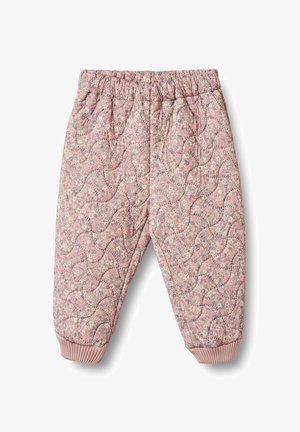 Pantalons roses matelassés avec un motif floral, taille élastique et poignets côtelés. Texture douce avec une coupe décontractée.