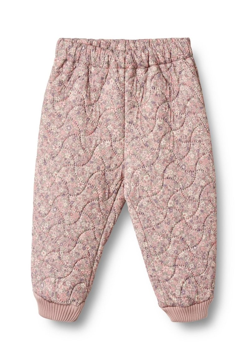Quiltade rosa byxor med blommönster, elastisk midja och ribbade mudd. Mjuk textur med avslappnad passform.