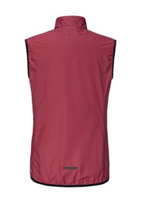 Ärmellose Weste in Bordeaux, aus leichtem Stoff gefertigt. Verfügt über einen hohen Kragen und kontrastierenden schwarzen Besatz am Saum und an den Armöffnungen.