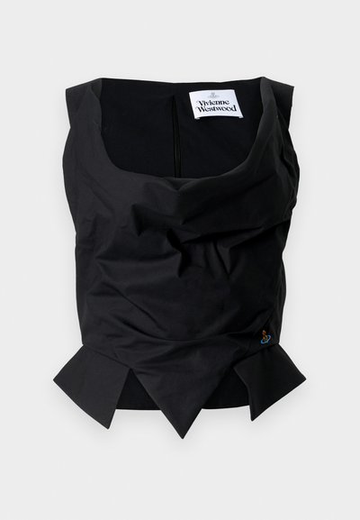 Μαύρο αμάνικο τοπ με ντραπαρισμένο ντεκολτέ, αιχμηρές άκρες στα τελειώματα και μικρή κεντημένη υπογραφή Vivienne Westwood στο κάτω μέρος.