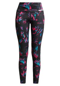 Svarta leggings med ett livfullt abstrakt mönster i rosa och blått. Mjuk tyg med en figurnära design och en bred midja. Adidas-logga är närvarande.