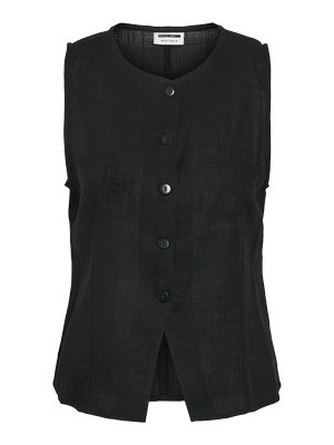 Musta rööbasteeta vest pyöreällä pääntiellä ja veidi laiuvate servadega, valmistatud tekstuurse kangaga.