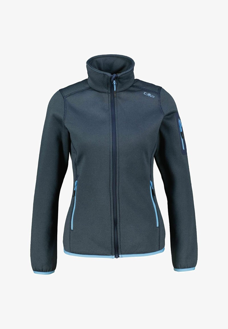 Fleece-takki tummanharmaana, jossa on teksturoitu kuvio, korkea kaulus, siniset yksityiskohdat sekä vetoketjulliset taskut sivuilla ja yhdessä hihassa.