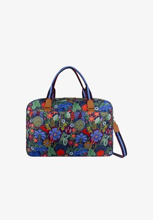 Multikleurige stoffen tas met bloemenprint, voorzien van blauw en rode gestreepte handvatten, bruine leren accenten en een rechthoekige vorm.