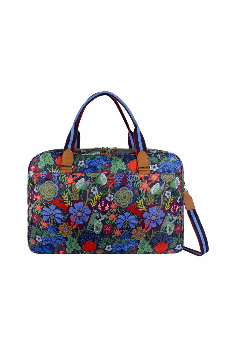 Sac en tissu multicolore avec motif floral, doté de poignées rayées bleues et rouges, d'accents en cuir marron et d'une forme rectangulaire.