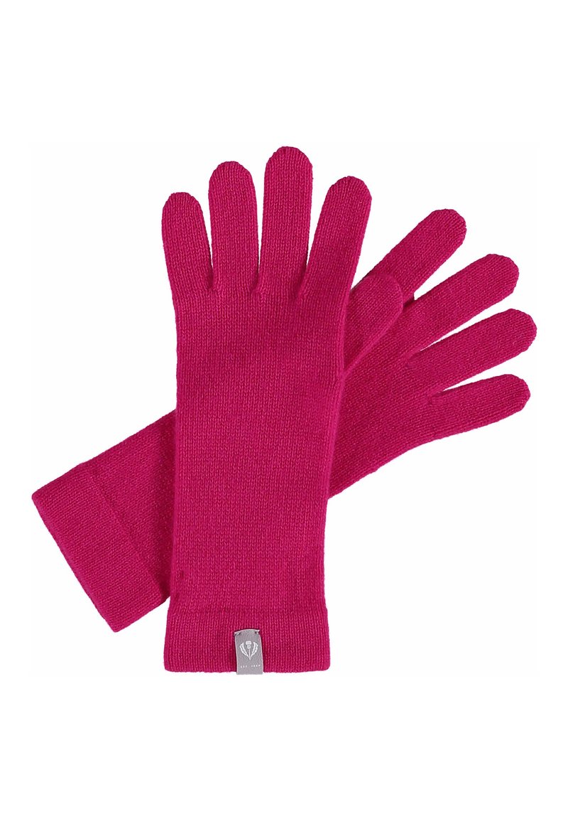 Gants en tricot fuchsia à cinq doigts avec des poignets côtelés. Texture douce avec une petite étiquette au poignet. Convient pour les temps froids.