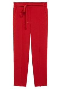 Pantalon rouge à texture lisse, avec une ceinture élastique, une ceinture à nouer et des poches latérales. Coupe droite, sans motifs visibles.