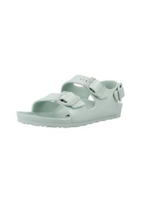 Ljusgrön sandal i gummi med två justerbara remmar, texturerad fotbädd och en tjock, mönstrad sula för bra grepp. Designen fokuserar på komfort.