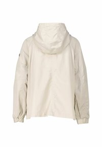 Light beige hooded jacket with a relaxed fit, featuring elastic cuffs, a straight cut, and minimalistic design without visible hardware.