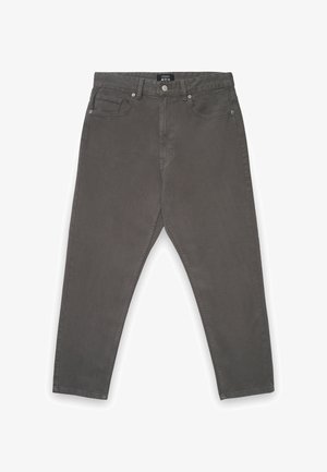 Pantaloni grigi in cotone con design a gambe dritte, dotati di passanti per cintura, cerniera frontale e due tasche laterali, con tessuto liscio su tutta la superficie.