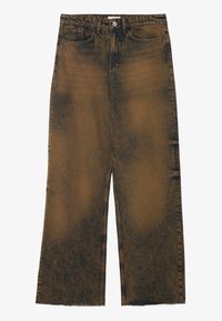 Džíny s širokými nohavicemi v bledě hnědé denimu, s vysokým pasem, pěti kapsami a neupraven�ým lemem. Tkanina má texturovaný povrch s jemnými barevnými odstíny.