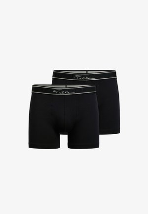 Black cotton boxer shorts, featuring a fitted design, elastic waistband with grey accents, and a smooth texture; sold in a two-pack.