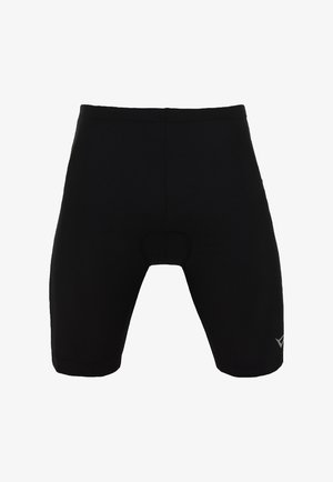 Shorts de cyclisme noirs en tissu lisse et extensible. Dotés d'un rembourrage et d'un logo sur le côté inférieur. Design d'une longueur mi-cuisse.