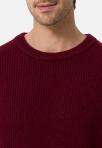 Burgundyröd stickad tröja med ribbad textur och rundad halsringning. Mjuk material med synliga söm detaljer runt kragen.