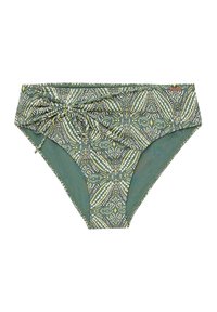 Bikiny s dnom vo zelenej farbe s vzorom, ktorý obsahuje motívy listov. Obsahuje zozbieraný detail na boku a malú štítkovú značku.