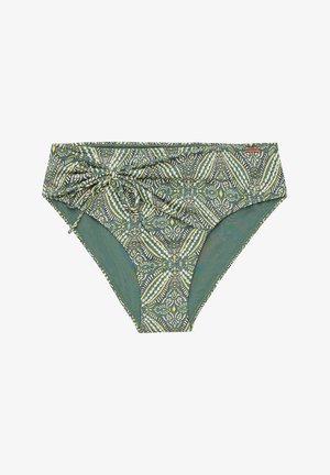 Bikiny s dnom vo zelenej farbe s vzorom, ktorý obsahuje motívy listov. Obsahuje zozbieraný detail na boku a malú štítkovú značku.