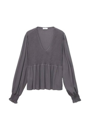 Graue Bluse mit langen Ärmeln und V-Ausschnitt, gerafftem Oberteil, geraffter Taille und geschopften Manschetten mit Rüschensaum.