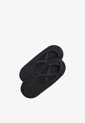 Par de calcetines negros invisibles con correas elásticas cruzadas en el interior, diseñados para zapatos de corte bajo, aislados sobre fondo blanco.